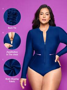 SHEIN Swim Plus Size One-Piece Swimsuit With Adjustable Drawstring And Bindwrap - Navy Blue - View 1