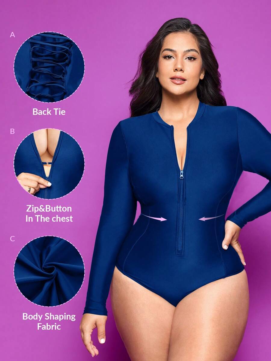 SHEIN Swim Plus Size One-Piece Swimsuit With Adjustable Drawstring And Bindwrap - Navy Blue - View 1