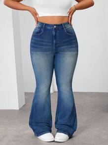 CovetEZ Plus Size Women Crown Graphic Patch Pocket Flared Casual Versatile Jeans - Blue - View 3