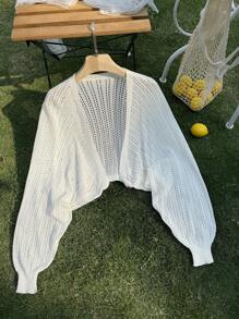 SHEIN Privé Plus Size Vacation Casual Solid Color Hollow-Out Knit Balloon Sleeve Cardigan