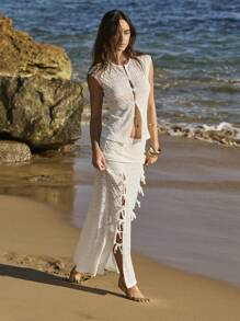 Aralina Two Pieces Lace Tie Front Split Hem Elegant Vacation Outfit Women Top And Maxi Skirt Set - White - View 9