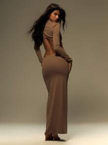 MUSERA Robe longue fendue à manches longues Y2K pour l'été, les vacances, les festivals. Tenue de soirée d'hiver - Tabac - Voir 3