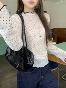 DAZY Plus Size Women's Casual Korean Style Polka Dot Long Sleeve T-Shirt, Summer Preppy Tops,Fall Women Clothes