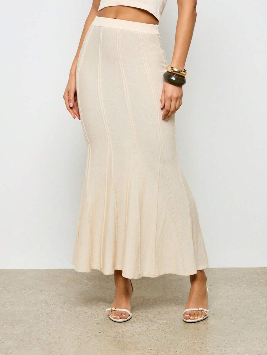 AiiRZ Saia longa de malha Godet, cintura alta, corte A, elástica, canelada, sereia, comprimento até o chão, saia longa, outono inverno, elegante, para resort - Damasco - Ver 1