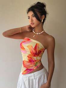 Siren Gaze New Summer Lily Printed Tube Tops For Women Beach Holiday Style Strapless Tops,Outfits Top,Tube Top Casual - Yellow - View 6