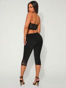 SHEIN SXY Plus Size Women's Spring&Summer Elegant Sexy Daily Basic Side Lace Patchwork Capris Elastic Leggings