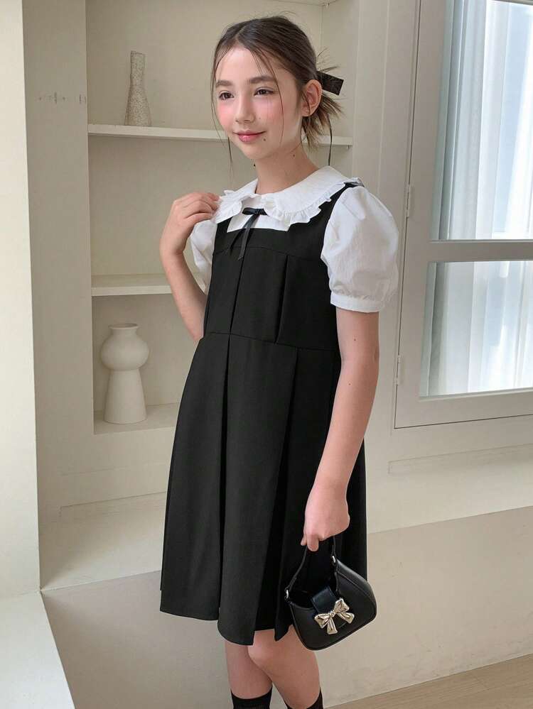 Tween Girl Colorblock Doll Face Woven Short Sleeve Dress, Summer,Back To School Clothes