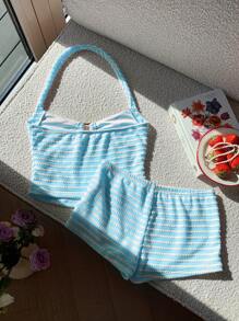 Comfortcana 夏季休闲条纹吊带上衣和超短裤套装