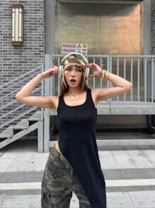 SHEIN Áo kiểu nữ tuổi teen mùa hè cổ tròn không tay vạt lệch vai màu trơn thanh lịch, áo nữ casual hở lưng, có túi, cổ vuông xẻ tà dáng ôm màu đen trơn, trang phục thường ngày, áo nữ, áo tank top trễ vai, áo kiểu học đường sành điệu, áo đen, áo mùa thu, áo kiểu preppy / Ngày lễ tình nhân cho nữ / Ngày lễ tình nhân / Mùa hè / Quần áo mùa hè, xẻ tà bên hông, áo xẻ tà bên hông, món đồ không thể thiếu cho người sành điệu, công cụ kỳ diệu để phối đồ. - màu đen - Xem 5