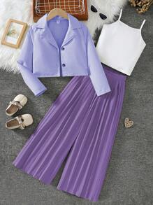 2 件套青少年女孩套装：短款西装外套和宽腿褶皱裤 - 紫色 - 查看 1