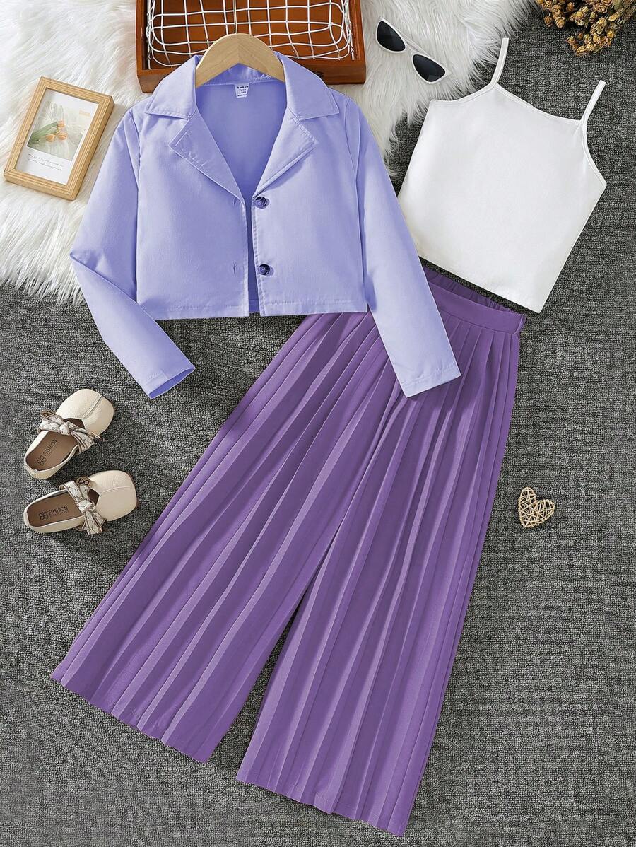 2 件套青少年女孩套装：短款西装外套和宽腿褶皱裤 - 紫色 - 查看 1
