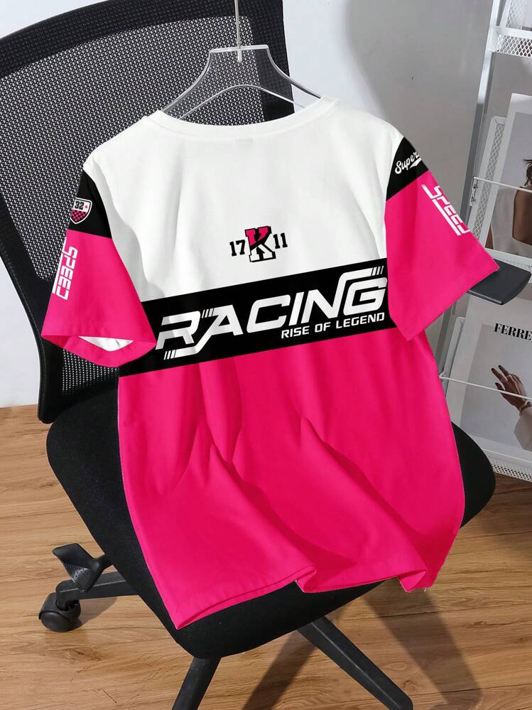 SHEIN EZwear 休闲简约摩托车印花图案圆领短袖宽松女式 T 恤，适合夏季 - 彩色 - 查看 2