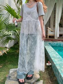 FRIFUL Women's White Long Lace Camisole Dress, Vacation Dress Sundress,Casual Women Dresses - White - View 3