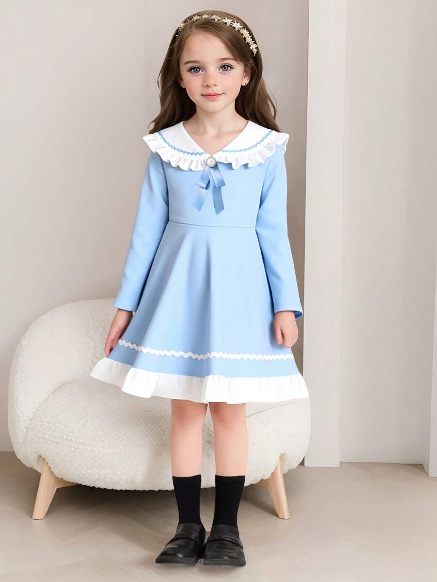 SHEIN 年轻女孩时尚甜美可爱海军领舒适针织面料合身荷叶边下摆黑色连衣裙,适合秋冬休闲通勤,百搭 - 藍色 - 查看 1