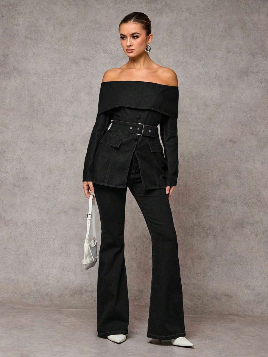 SHEIN BAE 女士休闲露肩牛仔外套 - 黑色 - 查看 1