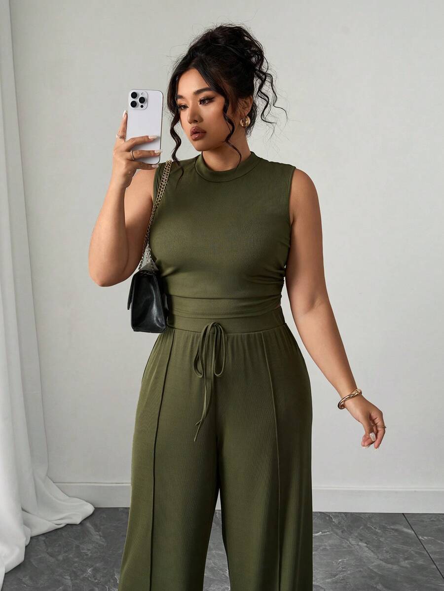 Elenzga Plus Size Casual Solid Color Tank Top And Pants Set - Army Green - View 1