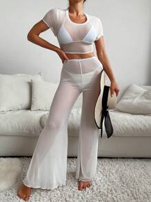 SHEIN Swim Vacation Sheer Mesh Solid Color Top And Long Pants Cover Up Set - White - View 1