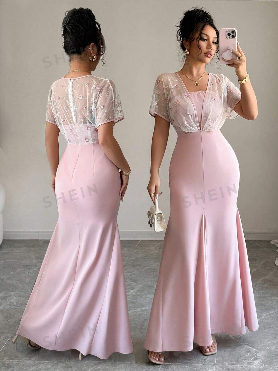 Rafferiza Vestido de manga corta con cuello en V para el verano con detalles en contraste de malla y bordados, ajuste delgado para ropa de resort