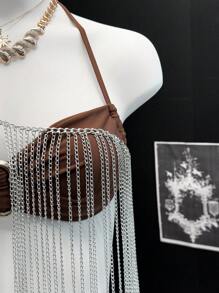 SHEIN Unity Top asimétrico con flecos metálicos para mujer, adecuado para festivales de música y fiestas en bares - Plateado - Ver 6