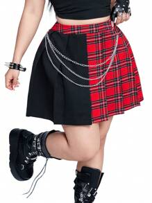 Whyspr Casual Punk Rave Plus Size Women Chain Decor Red Plaid Patchwork Solid Black Punk Mini Skirt - Multicolor - View 6