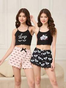 4pcs/Pack Teenage Girls' Cute Koala & Eyelash Print Cami & Shorts Set, Comfortable & Refreshing Homewear Combo - Black - View 1