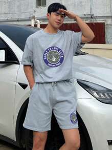 DAZY Summer Letter Print Sporty Grey Men's T-Shirt Set - Grey - View 6