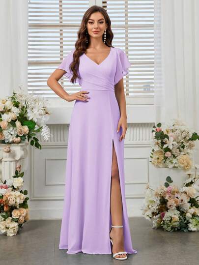 SHEIN Belle V-Neck High Slit Chiffon Bridesmaid Dress (Adult)