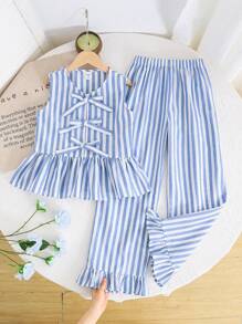 SHEIN Leap Crew Conjunto de 2 piezas para niñas preadolescentes con blusa sin mangas de cuello redondo con volantes y rayas + pantalones anchos de pierna suelta, para uso casual de resort - Azul - Ver 3
