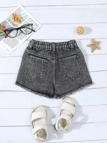 SHEIN Pantalones cortos vaqueros de pierna ancha de línea A versátiles y con dobladillo deshilachado para niñas, verano
