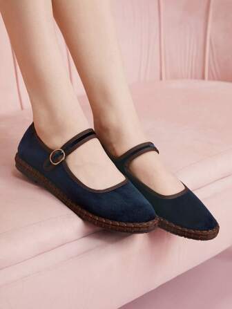 CUCCOO DOLLMOD Zapatos planos de estilo Mary Jane de terciopelo elegante para mujer, de color azul pavo real de moda