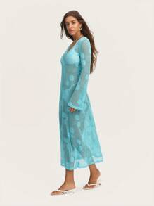 SHEIN Unity Elegant Blue Crochet Women Maxi Dress Designed With Delicate Patterns And Full-Length Coverage, Ideal For Beach Vacations, Summer Evening Parties, Or A Boho-Inspired Look.