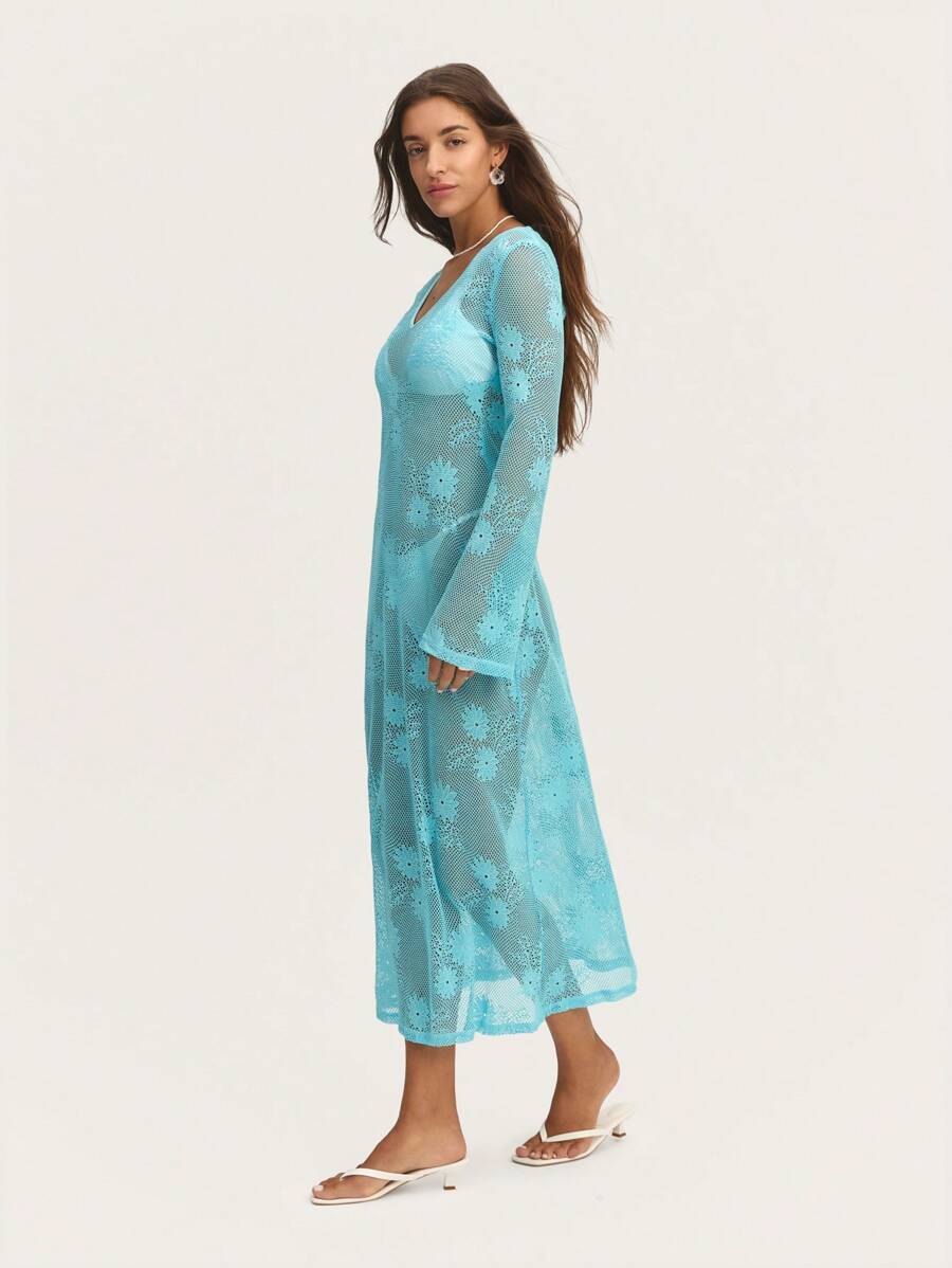 SHEIN Unity Elegant Blue Crochet Women Maxi Dress Designed With Delicate Patterns And Full-Length Coverage, Ideal For Beach Vacations, Summer Evening Parties, Or A Boho-Inspired Look.