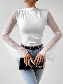 SHEIN 女士简约纯色网眼拼布喇叭袖紧身衣 - 白色 - 查看 5
