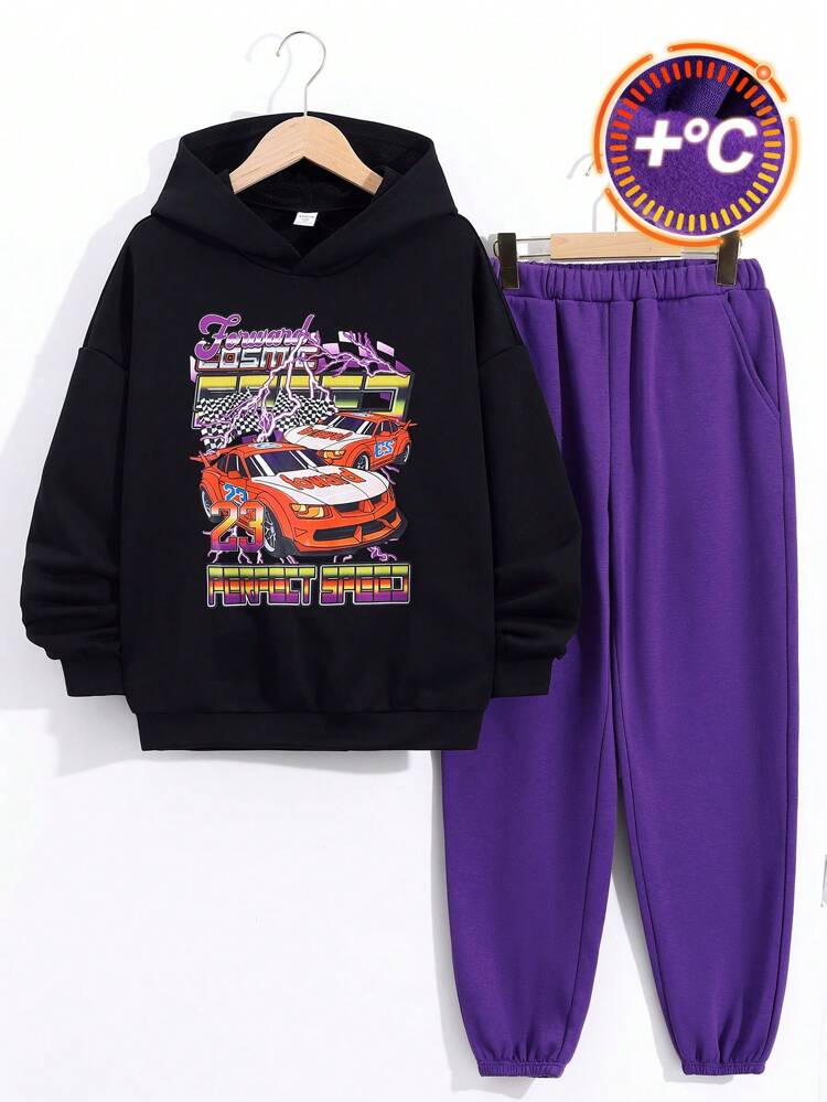 Boys' Casual Loose Fit Hooded Sweatshirt With Cool Car Print Pattern And Plain Color Pants Set