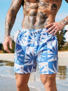 Surfspeed Men's Palm Tree Print Drawstring Waist Beach Shorts,Hawaiian - Blue and White - View 5