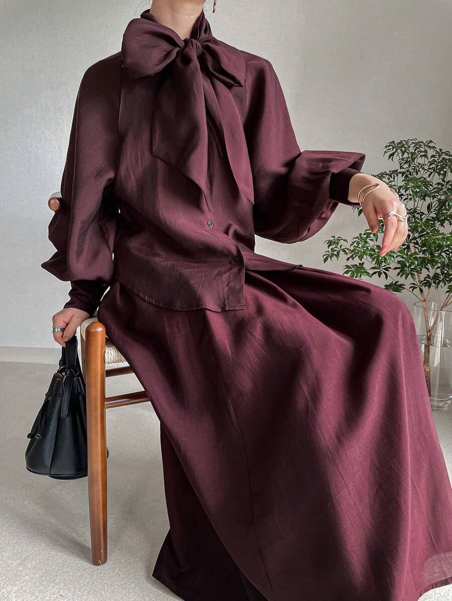 FRIFUL Bộ 2 món áo và chân váy nữ thanh lịch thắt nơ tay phồng, thích hợp cho các buổi hòa nhạc, mùa xuân/hè, thu. - màu nâu - Xem 1