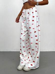 SHEIN PETITE Pantaloni casual da donna con stampa su tutto il capo e laccio frontale, stile minimalista per uso quotidiano