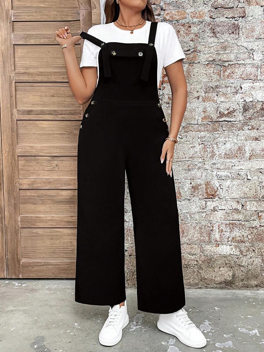 SHEIN LUNE Plus Size Women Casual Vacation Jumpsuit With Decorative Buttons - Black - View 1