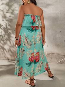 SHEIN LUNE Plus Size Floral Print Ruffle Hem Dress, Vacation Vibe - Green - View 2