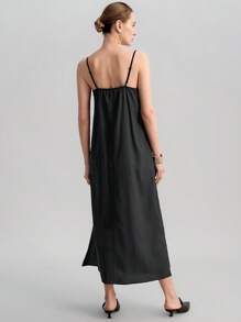 Ontre 2025 Women's Minimalist Solid Color Side Slit Spaghetti Strap Dress - Black - View 3