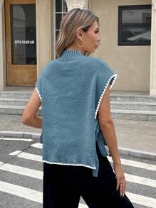 SHEIN Frenchy Women's Stand Collar Patchwork Flower Trim Side Knotted Knit Vest Winter - Dusty Blue - View 2