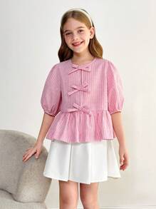 SHEIN LMoss Kids 青少年女孩休闲修身圆领纽扣荷叶边泡泡袖条纹衬衫，母女装，条纹上衣，返校装，娃娃装上衣，可爱上衣 - 淺粉色 - 查看 4