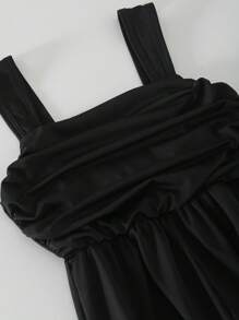 SHEIN 女童休闲时尚简约优雅复古黑白方领无袖高腰褶皱设计长款连体裤配大蝴蝶结装饰 - 黑色 - 查看 8