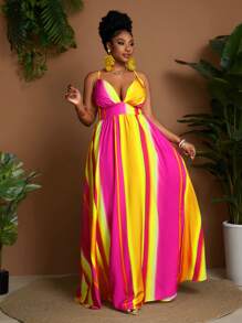 Maweii 大码及膝撞色条纹吊带连衣裙 - 黃色 - 查看 4