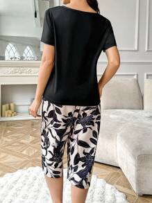 Floral Print Pouch Pocket Short Sleeve & Capri Pants Set - Multicolor - View 2