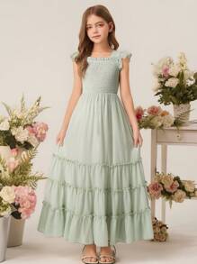 Vestido largo elegante para niña con diseño floral, vestido de fiesta de gasa sin mangas con estampado floral para niña preadolescente - Verde - Ver 8