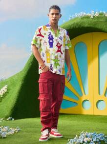 Teletubbies X SHEIN 男士夏季休闲卡通印花前扣短袖衬衫 - 白色 - 查看 5