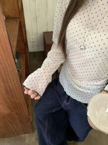 DAZY Plus Size Women's Casual Korean Style Polka Dot Long Sleeve T-Shirt, Summer Preppy Tops,Fall Women Clothes