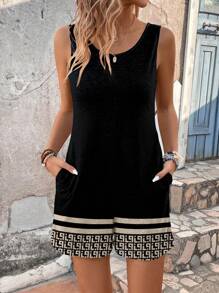 EMERY ROSE Women's Geometric Striped Print Pocket Romper, Suitable For Spring And Summer - Multicolor - View 4