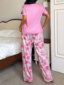 2pcs Women's Solid Color Short Sleeve Top And Floral Print Long Pants Pajama Set - Multicolor - View 2